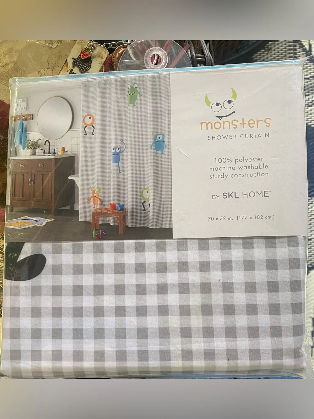Monsters Shower Curtain - Gray Check with Colorful Monster Accents